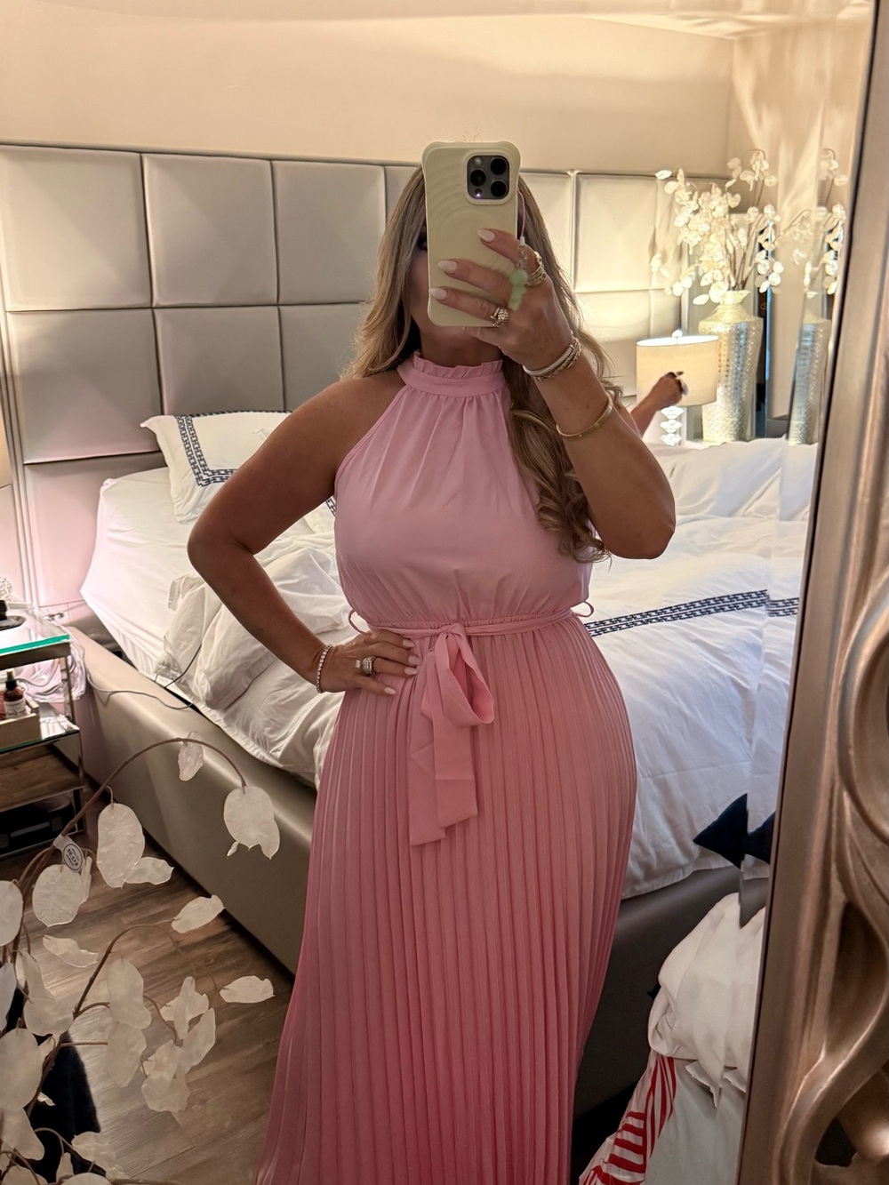 Sleeveless Pink Halter Maxi Dress with Tie Waist